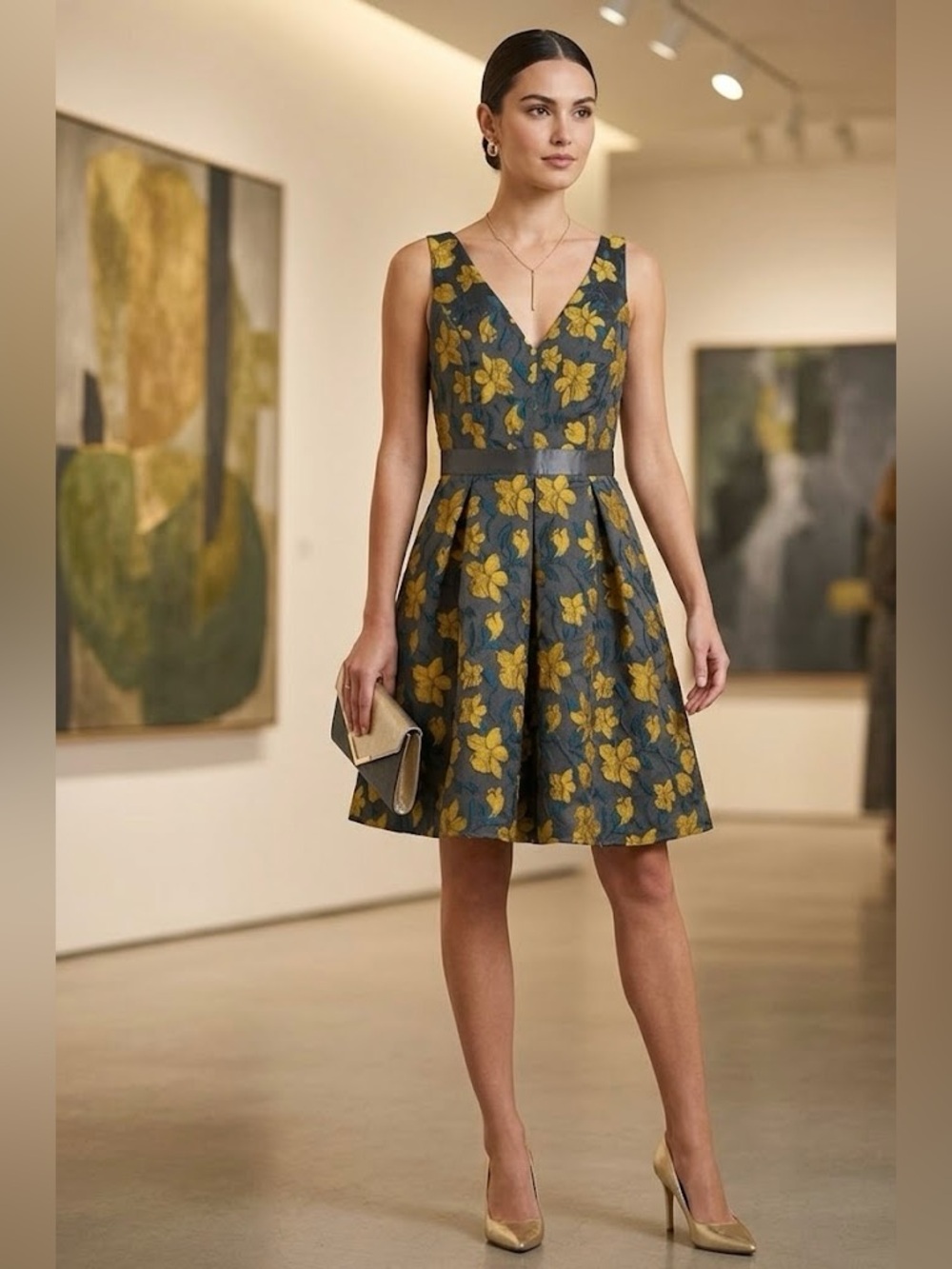 🌟 Shelby Nites Antique Gold Floral Brocade Cocktail Dress – Size 12 🌟 Preloved
